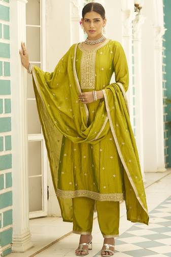 Lemon color silk blend designer embroidery work heavy looks salwar kameez