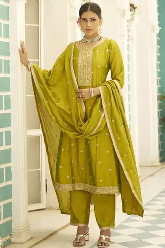 Lemon color silk blend designer embroidery work heavy looks salwar kameez