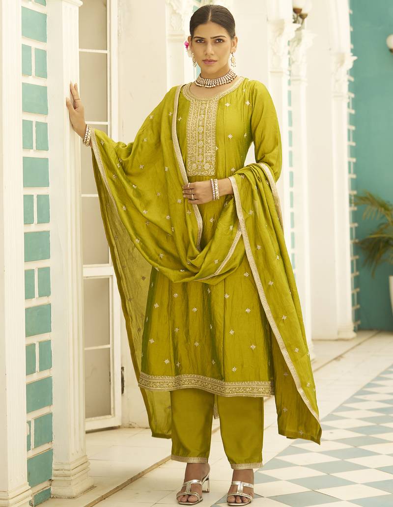 Lemon color silk blend designer embroidery work heavy looks salwar kameez