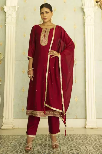 Maroon color silk blend designer embroidery work heavy looks salwar kameez