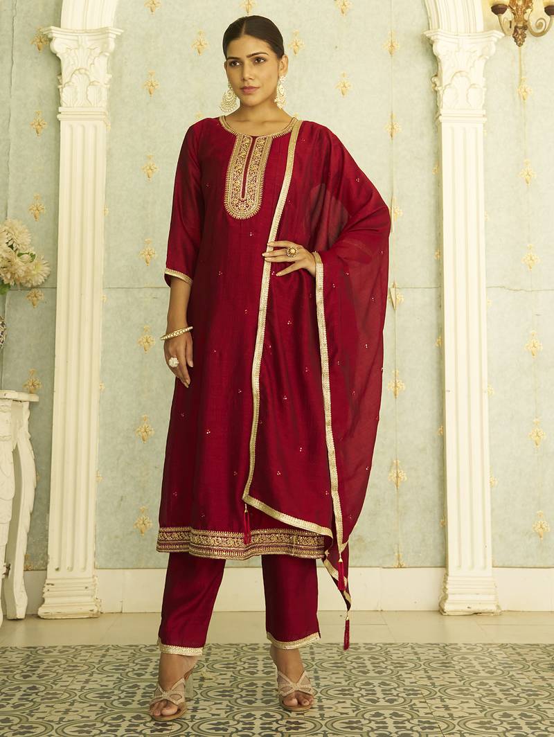 Maroon color silk blend designer embroidery work heavy looks salwar kameez