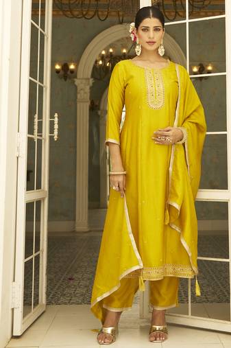 Yellow color silk blend designer embroidery work heavy looks salwar kameez