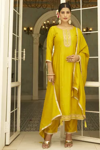 Yellow color silk blend designer embroidery work heavy looks salwar kameez