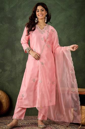 Pink color smart silk blend fabric designer embroidery work ceremonial kurta set