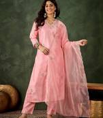 Pink color smart silk blend fabric designer embroidery work ceremonial kurta set