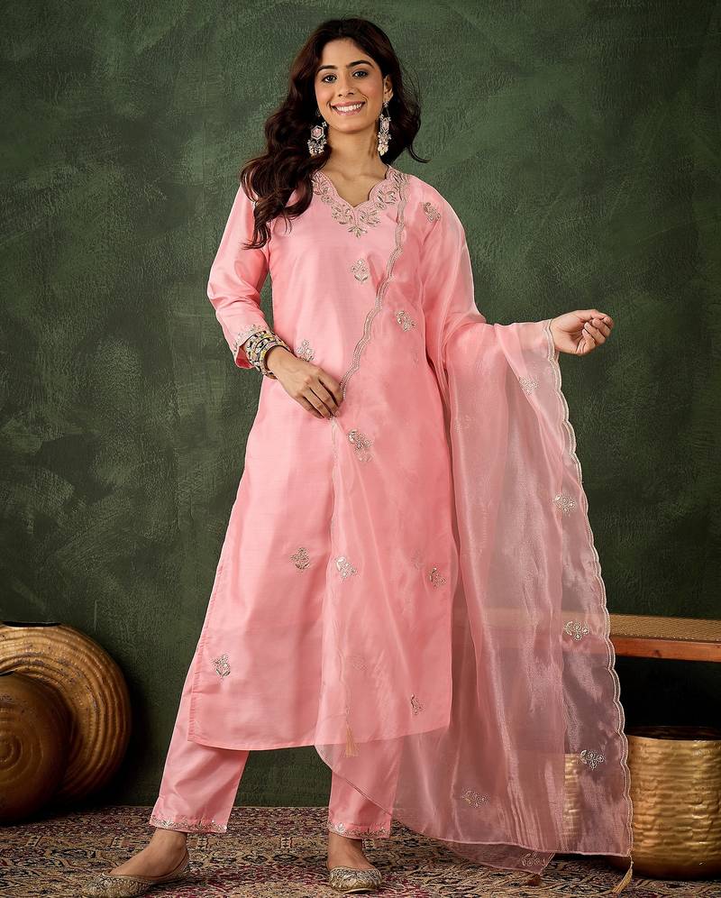 Pink color smart silk blend fabric designer embroidery work ceremonial kurta set