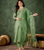 Green color smart silk blend fabric designer embroidery work ceremonial kurta set