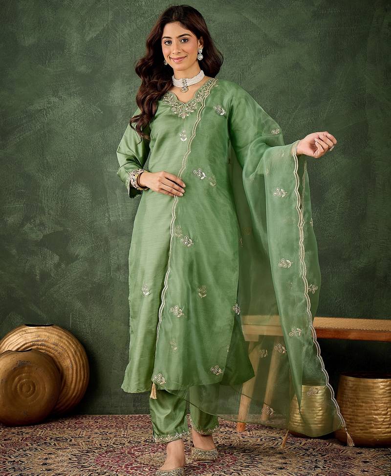 Green color smart silk blend fabric designer embroidery work ceremonial kurta set