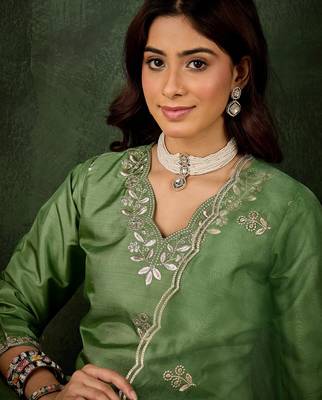 Green color smart silk blend embroidery ceremonial kurta set 3