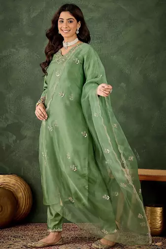 Green color smart silk blend embroidery ceremonial kurta set