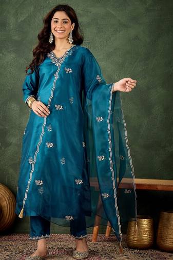 Teal blue color smart silk blend fabric designer embroidery work ceremonial kurta set