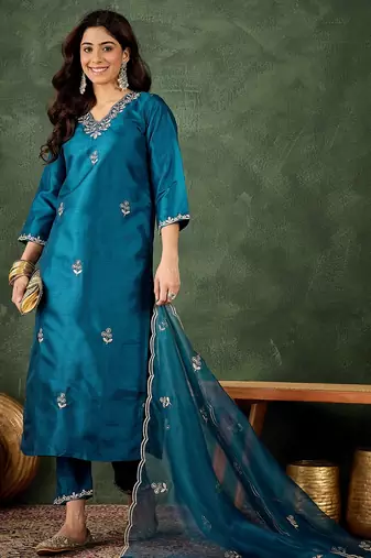 Teal blue color smart silk blend embroidery ceremonial kurta set