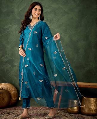Teal blue color smart silk blend embroidery ceremonial kurta set 5