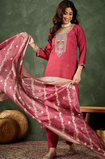 Maroon color smart viscose rayon fabric designer embroidery work ceremonial kurta set
