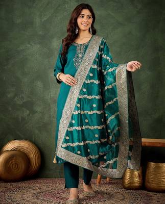 Rama color smart viscose rayon fabric designer embroidery work ceremonial kurta set 1