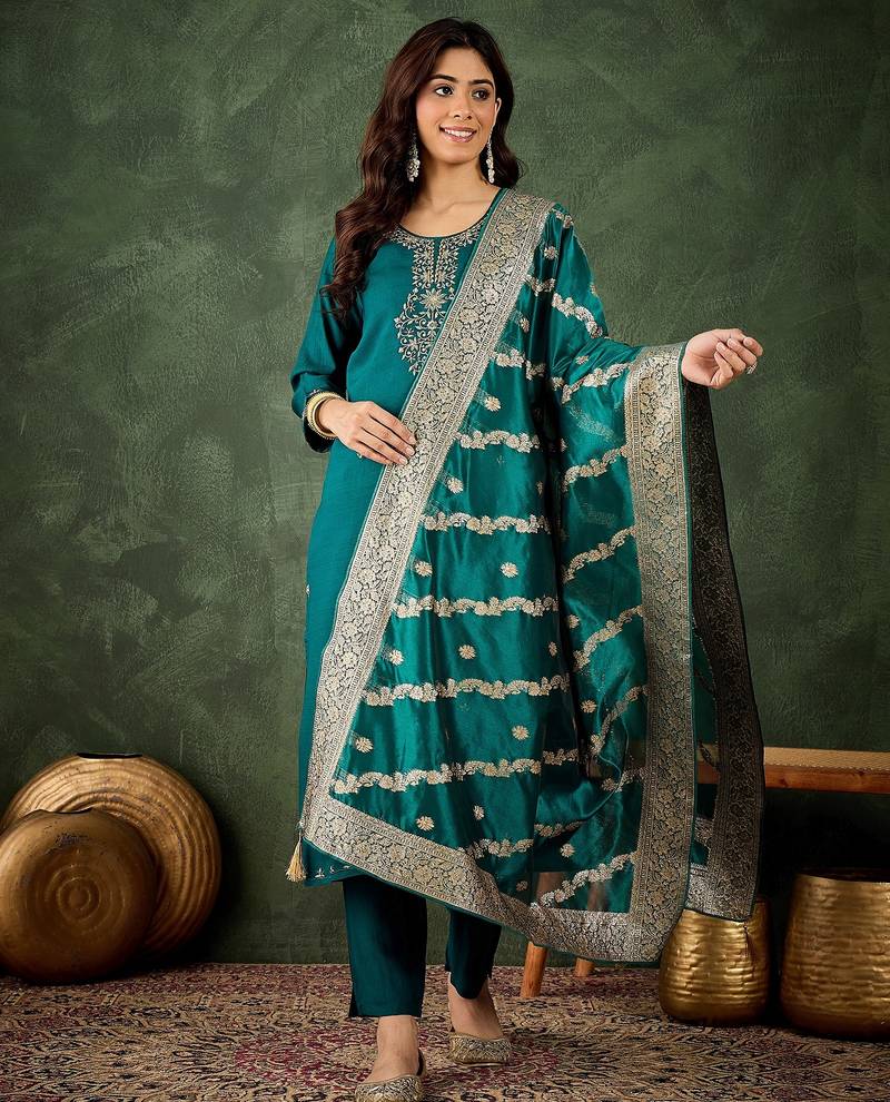 Rama color smart viscose rayon fabric designer embroidery work ceremonial kurta set