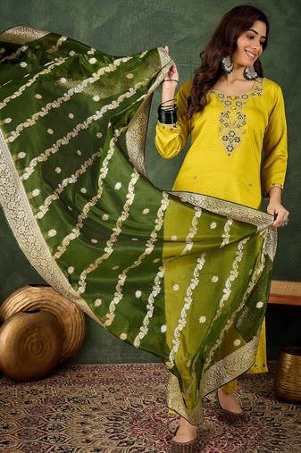 Lemon color smart viscose rayon fabric designer embroidery work ceremonial kurta set
