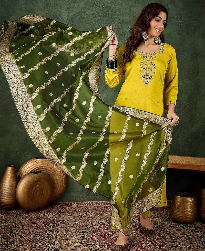 Lemon color smart viscose rayon fabric designer embroidery work ceremonial kurta set