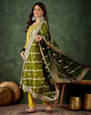 Lemon color smart viscosee rayon fabric embroidery work ceremonial kurta set 5