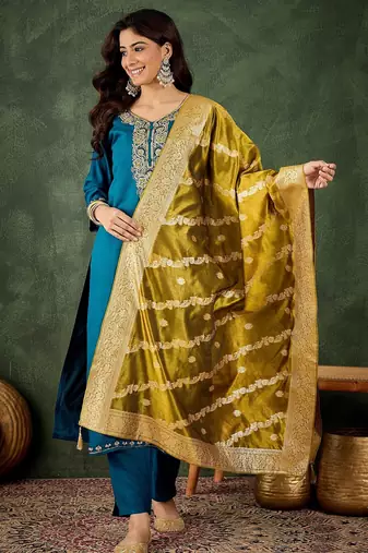 Teal blue color smart viscose rayon fabric designer embroidery work ceremonial kurta set