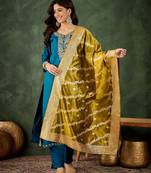 Teal blue color smart viscose rayon fabric designer embroidery work ceremonial kurta set