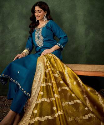 Teal blue color smart viscosee rayon embroidery ceremonial kurta set 3