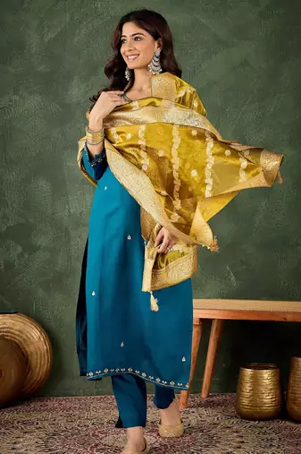 Teal blue color smart viscosee rayon embroidery ceremonial kurta set