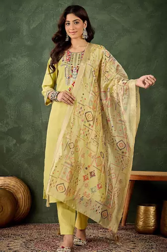 Yellow color smart silk blend fabric designer embroidery work ceremonial kurta set