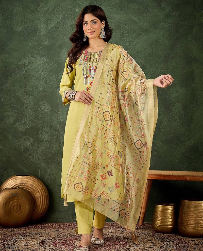 Yellow color smart silk blend fabric designer embroidery work ceremonial kurta set
