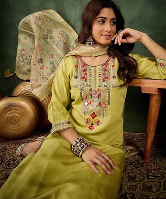 Yellow color smart silk blend embroidery ceremonial kurta set 3