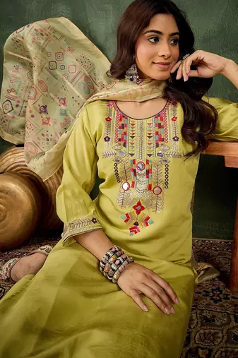 Yellow color smart silk blend embroidery ceremonial kurta set