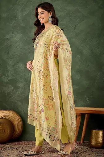 Yellow color smart silk blend embroidery ceremonial kurta set