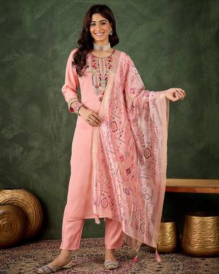 Pink color smart silk blend embroidery ceremonial kurta set 1