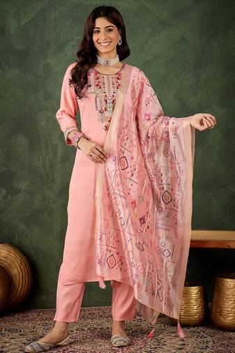 Pink color smart silk blend fabric designer embroidery work ceremonial kurta set