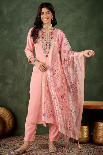 Pink color smart silk blend fabric designer embroidery work ceremonial kurta set
