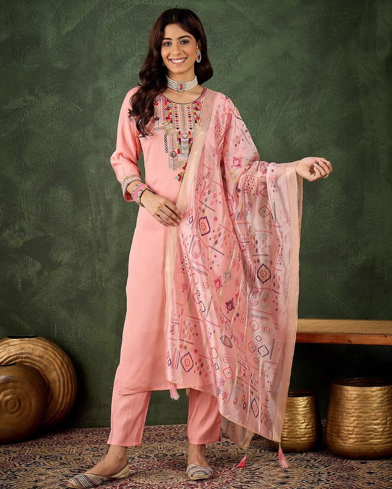 Pink color smart silk blend fabric designer embroidery work ceremonial kurta set