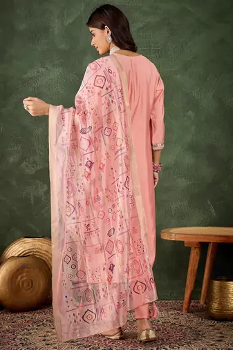 Pink color smart silk blend embroidery ceremonial kurta set