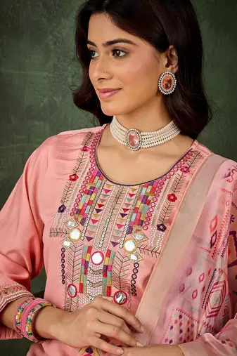 Pink color smart silk blend embroidery ceremonial kurta set