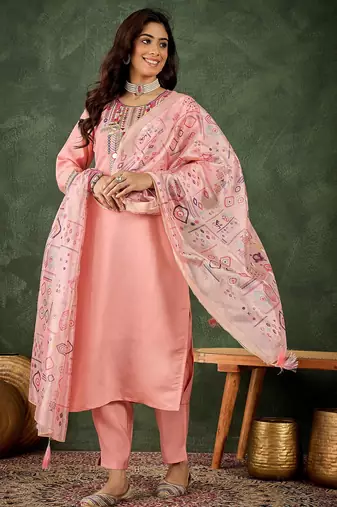 Pink color smart silk blend embroidery ceremonial kurta set
