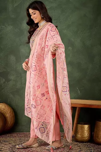 Pink color smart silk blend embroidery ceremonial kurta set