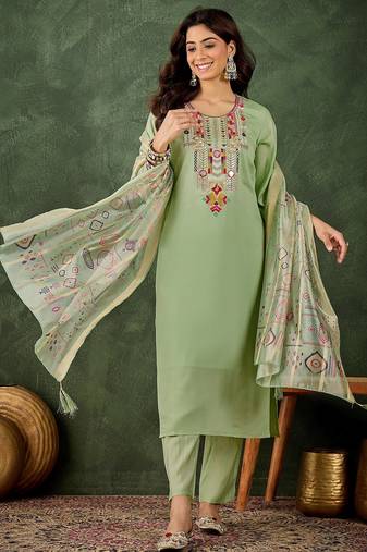 Pista color smart silk blend fabric designer embroidery work ceremonial kurta set