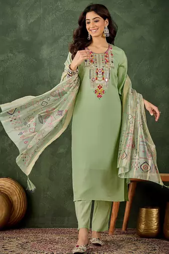 Pista color smart silk blend fabric designer embroidery work ceremonial kurta set