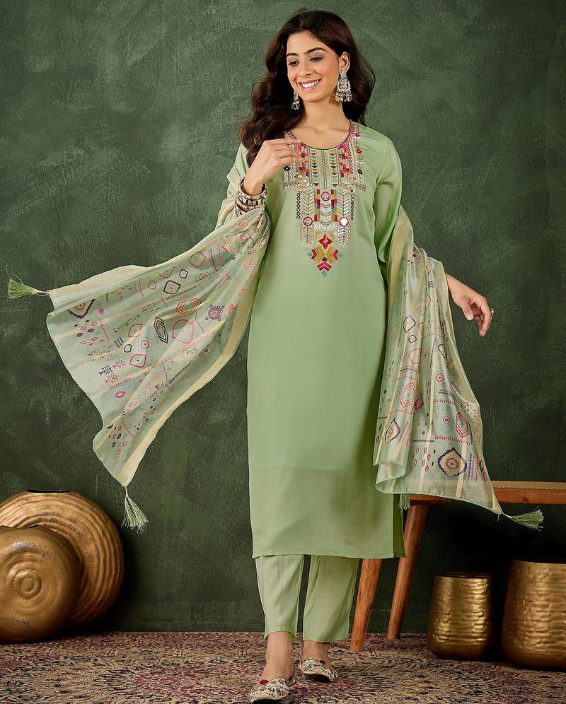 Pista color smart silk blend fabric designer embroidery work ceremonial kurta set