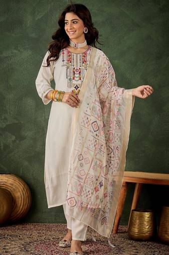Off white color smart silk blend fabric designer embroidery work ceremonial kurta set