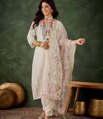 Off white color smart silk blend fabric designer embroidery work ceremonial kurta set