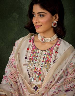 Off white color smart silk blend embroidery ceremonial kurta set 3
