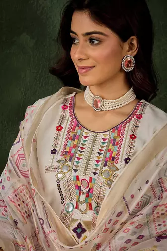 Off white color smart silk blend embroidery ceremonial kurta set
