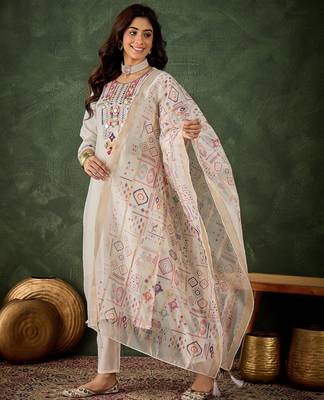 Off white color smart silk blend embroidery ceremonial kurta set 4