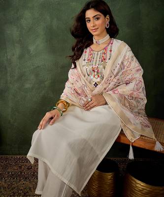 Off white color smart silk blend embroidery ceremonial kurta set 5