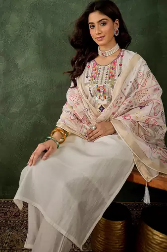 Off white color smart silk blend embroidery ceremonial kurta set